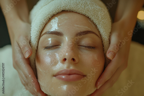 Woman relaxing with facial massage at spa, eyes closed, serene expression, therapist's hands applying gentle pressure. A peaceful atmosphere with soothing background music.