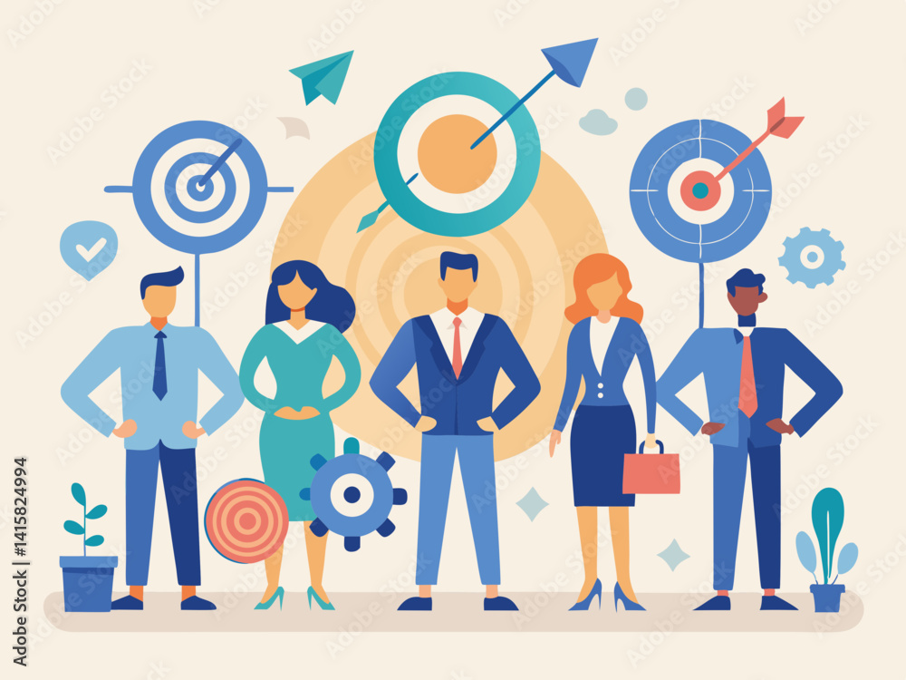Illustration of a diverse team standing in front of targets and gears representing collaboration and goals Illustration of a diverse team standing in front of targets and gears representing collaboration and goals