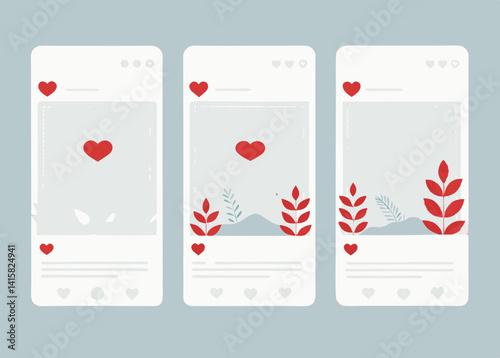 Three instagram posts with hearts and foliage in a flat vector design style displayed side by side