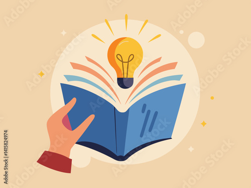 Hand holds open book with lightbulb above pages representing knowledge and bright ideas concept art