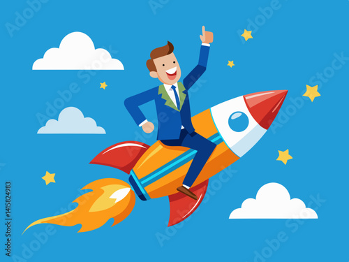 Man in suit riding a rocket with stars and clouds in a blue sky pointing upwards with his hand