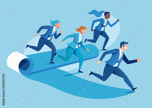 Diverse group of business professionals racing on a rolling blue carpet in a light blue background