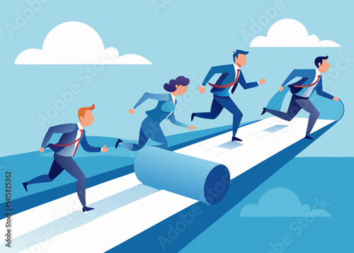 Business team running on unrolling carpet towards the sky with clouds in background illustration 100