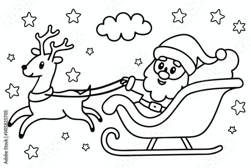 Santa Claus riding in a sleigh pulled by reindeer outline for coloring page.