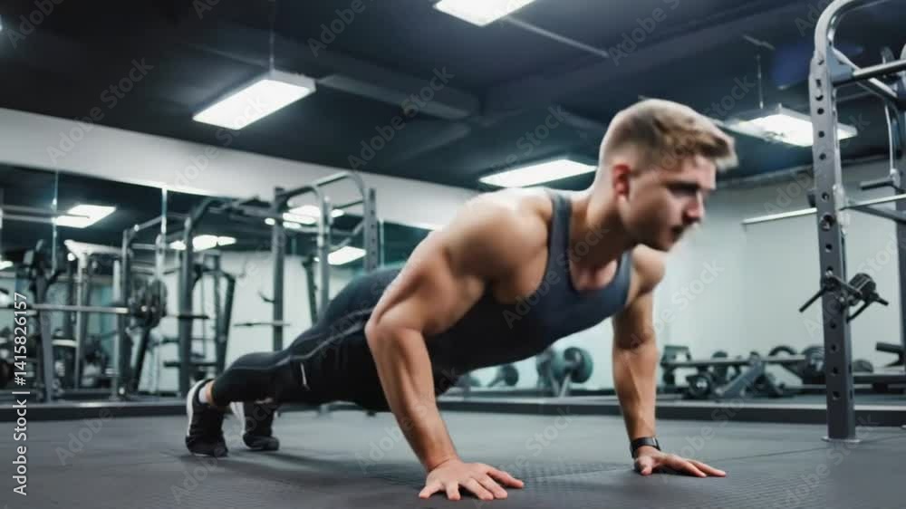 Man performing push-ups in a modern gym. Man performing push-ups in a modern gym.