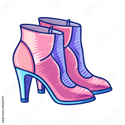 Pair of Pink and Purple High Heel Ankle Boots Stylish Fashion Footwear