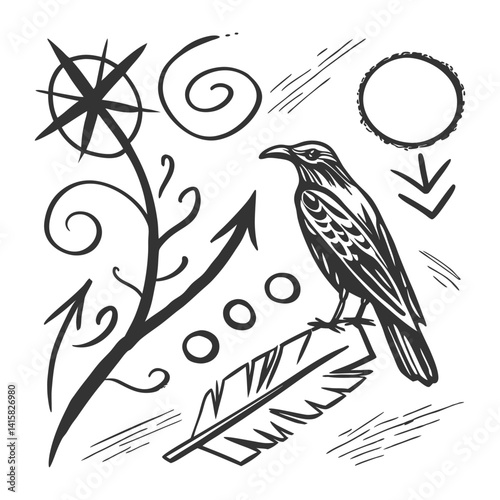 Tribal Feather Arrow Sketches with Boho Ink Style