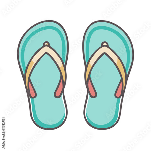 A pair of teal summer flip flops with beige and coral accents