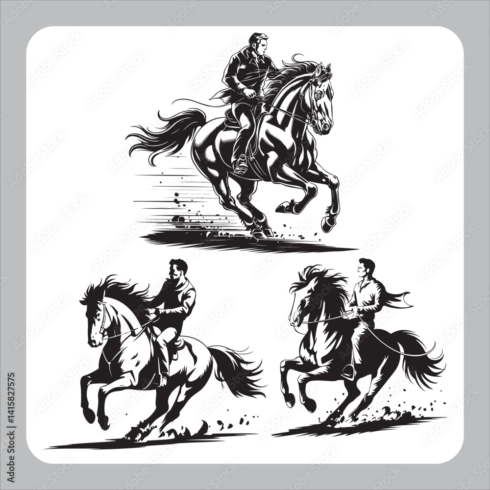 Fototapeta premium Black silhouette vector illustration depicts a knight rider on horseback, an equestrian sport animal