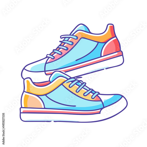 Pair of Colorful Casual Sneakers Illustration Light Blue Yellow and Pink Tones