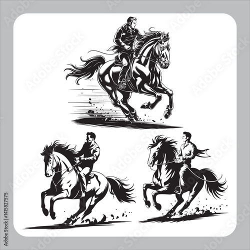 Black silhouette vector illustration depicts a knight rider on horseback, an equestrian sport animal