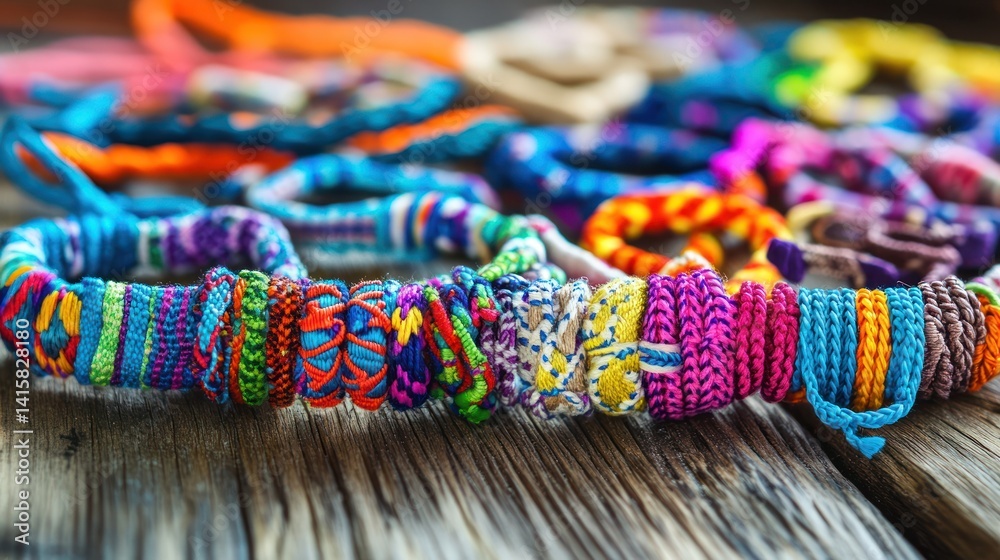 A collection of colorful, handmade friendship bracelets displayed on a rustic table --ar 16:9 --v 6.1 Job ID: e01f7262-8738-41ef-8165-c63b006b3bd0 A collection of colorful, handmade friendship bracelets displayed on a rustic table --ar 16:9 --v 6.1 Job ID: e01f7262-8738-41ef-8165-c63b006b3bd0