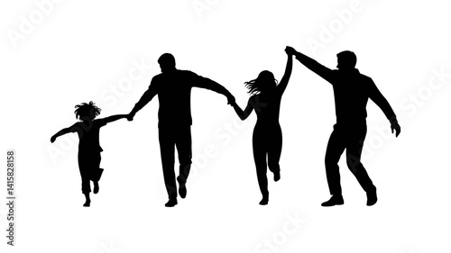Family Silhouette Joyful Run: A happy family silhouette of two adults and a child joyfully running and holding hands against a white background, symbolizing unity and family bond.