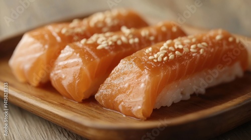 Close-up of Salmon Nigiri Sushi with Sesame Garnish
