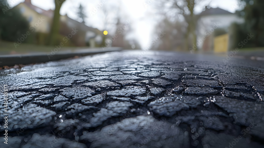 Closeup View Of Cracked Wet Pavement On A Rainy Day