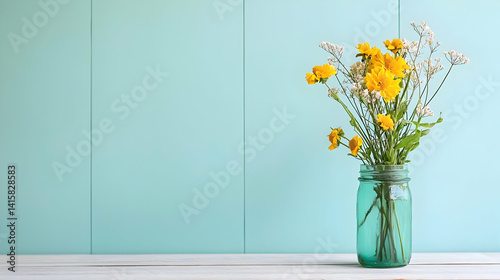 Obraz na płótnie Yellow And White Flowers In Teal Glass Vase On Wooden Table w salonie