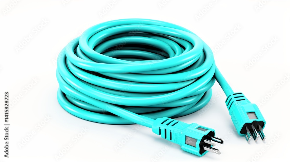 A coiled turquoise extension cord with plugs on a white background in a studio setting is displayed A coiled turquoise extension cord with plugs on a white background in a studio setting is displayed