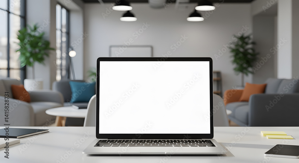 Laptop mockup with blank screen in coworking space, natural light, modern tech environment Laptop mockup with blank screen in coworking space, natural light, modern tech environment
