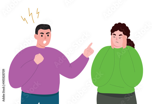 Man and woman sort things out. Family dispute. Husband aggressor yells at wife. Vector flat graphics.
