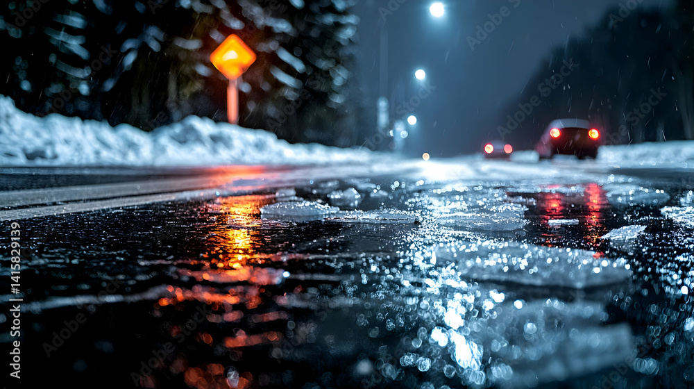 Snowy Road At Night With Reflections In Puddle
