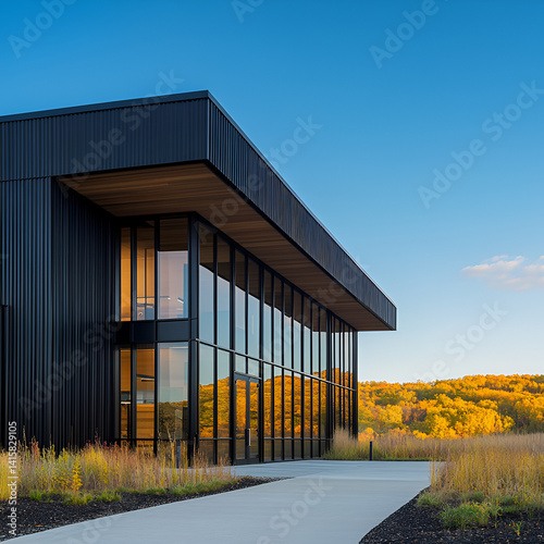  Modern mass timber 1 story office building with black ribbed architectural metal panels, staggered floor to ceiling windows with sleek entry. Setting: In the hills of the Mississippi coulee region Mi
