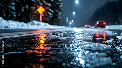 Obraz na płótnie Snowy Road At Night With Reflections In Puddle w salonie