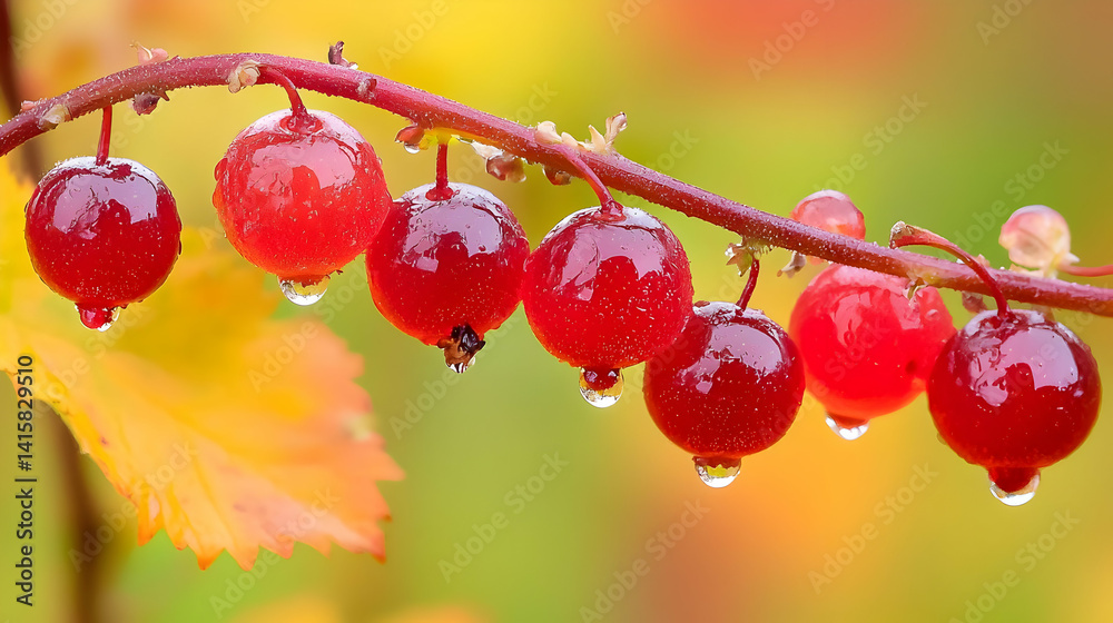 Closeup Of Red Berries With Water Drops On Branch In Autumn
