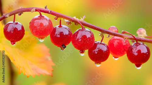 Obraz na płótnie Closeup Of Red Berries With Water Drops On Branch In Autumn w salonie