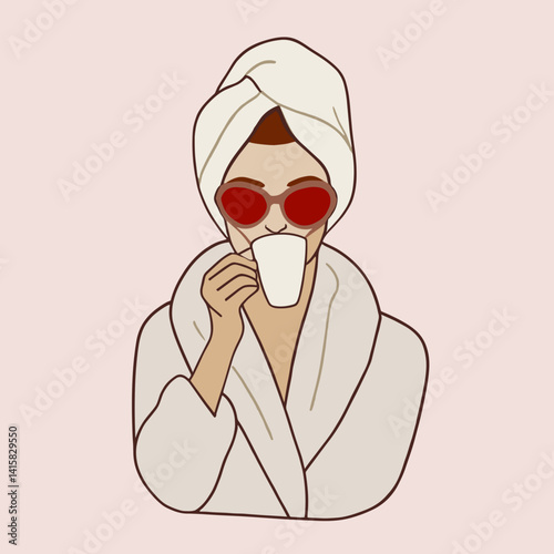 Woman in bathrobe drinking coffee icon in pastel style