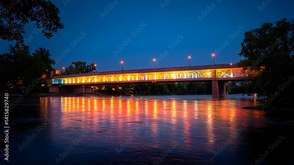 Illuminated Pedestrian Bridge Over River at Night