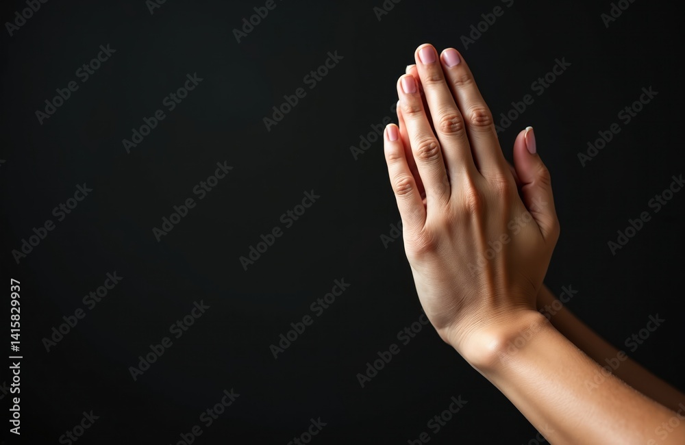 Female hands folded prayer on dark background. Person shows trust, belief, hope. Worshiping concept, peace, faith, spirituality. Human gesture, Christian religion, request, blessing, thank god, Female hands folded prayer on dark background. Person shows trust, belief, hope. Worshiping concept, peace, faith, spirituality. Human gesture, Christian religion, request, blessing, thank god,