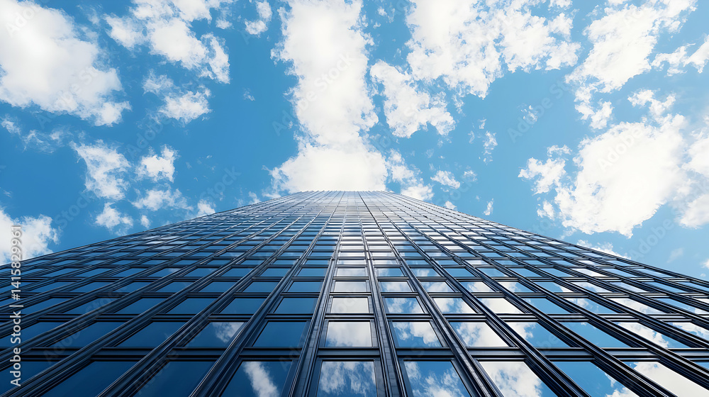 Modern Skyscraper Facade With Glass Panels Under Cloudy Blue Sky