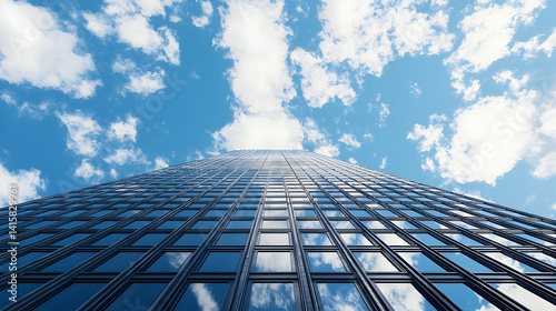 Obraz na płótnie Modern Skyscraper Facade With Glass Panels Under Cloudy Blue Sky w salonie