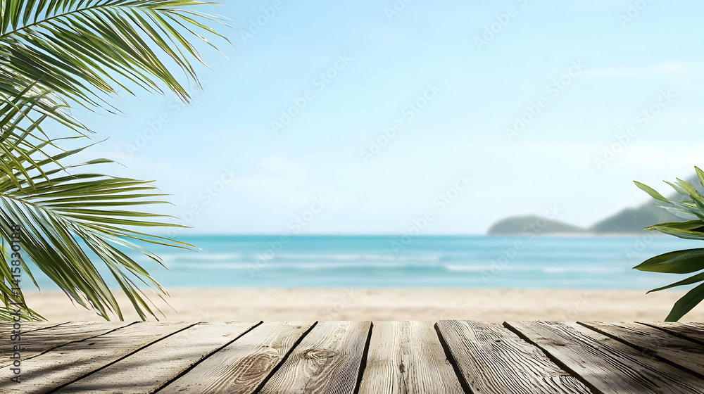 Wooden Platform At Tropical Beach With Palm Trees