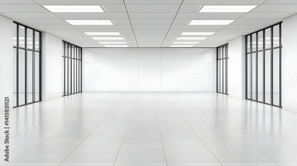 Empty Modern Office Interior With Large Windows And Bright Lighting