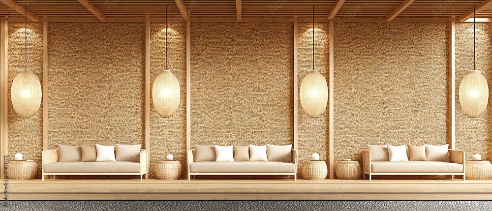 Fototapeta premium Minimalist Beige Lounge Area with Woven Lamps