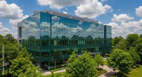 Aerial view of a modern glass building reflecting the sky surrounded by green trees on a sunny day