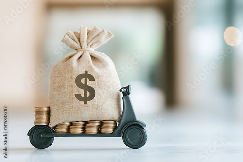 Money Delivery: A playful scene of a miniature scooter carrying a bag of money and stacks of coins, symbolizing fast and efficient financial solutions.
