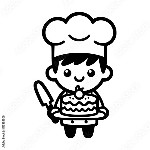 A cute cartoon chef holding a delicious cake, wearing a chef hat, and smiling. Perfect for illustrating recipes, baking, or culinary themes