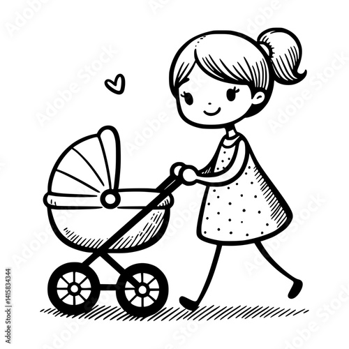 A loving mother taking her baby for a walk in a stroller, an adorable vector illustration, conveying warmth and care.
