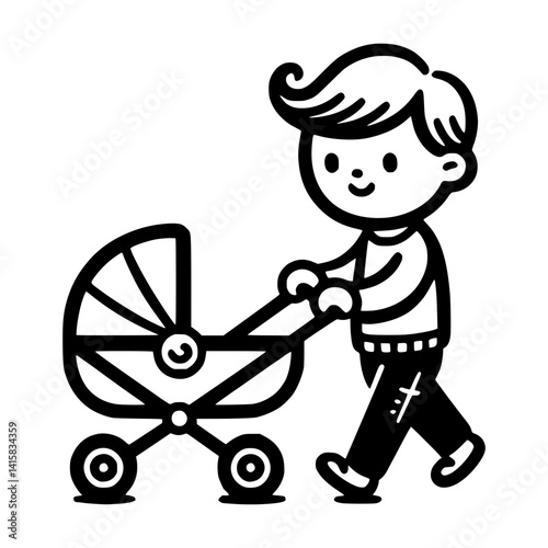 A father walking with a baby stroller, symbolizing family life and paternal care