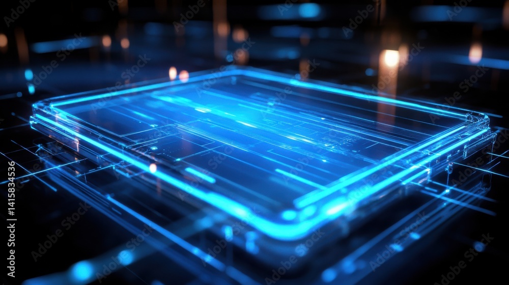 A futuristic 3D holographic interface design with glowing neon blue elements and subtle reflections A futuristic 3D holographic interface design with glowing neon blue elements and subtle reflections