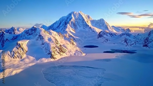 Majestic Winter Mountain Landscape Breathtaking Aerial View Stunning Snow Covered Peaks Serene Frozen Lakes Golden Hour Light Dramatic Shadows Alpine 
