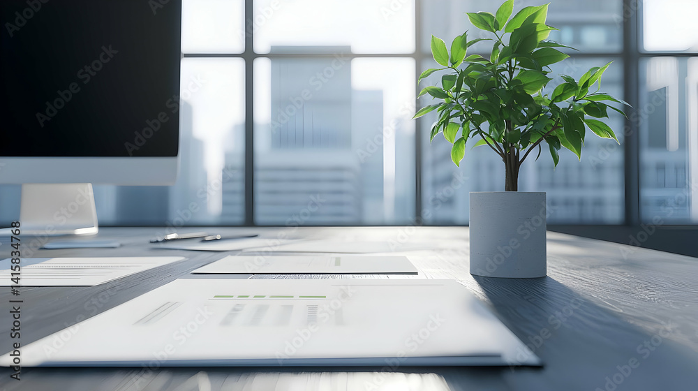 Modern Office Desk With City View And Plant