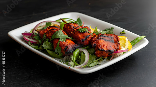 Grilled Chicken Tikka Skewers with Salad on a White Plate