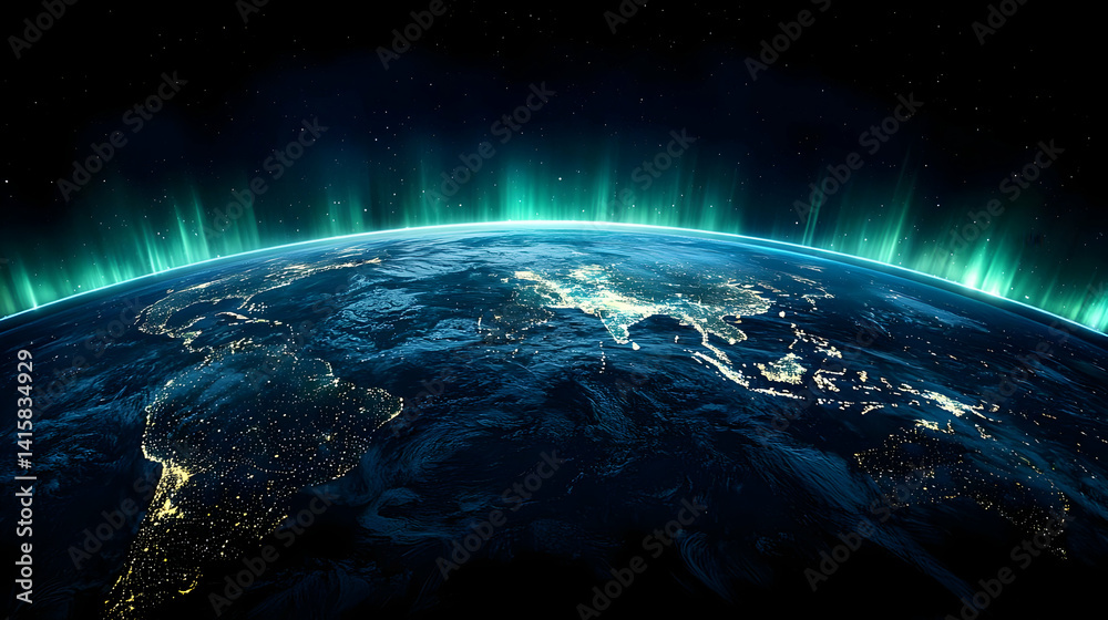 Earth At Night With Glowing Aurora
