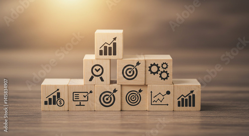 Wallpaper Mural Business growth strategy wooden blocks with icons of targets graphs and gears on a table warm Torontodigital.ca