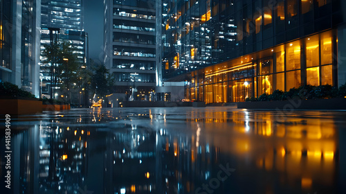 Obraz na płótnie Rainy Night Cityscape With Reflections Of Illuminated Buildings w salonie