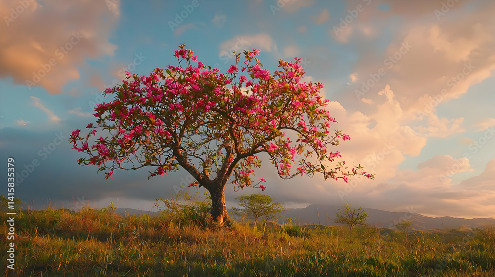 Pink Blossoming Tree On Hilltop At Sunset