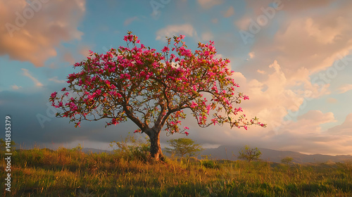 Obraz na płótnie Pink Blossoming Tree On Hilltop At Sunset w salonie